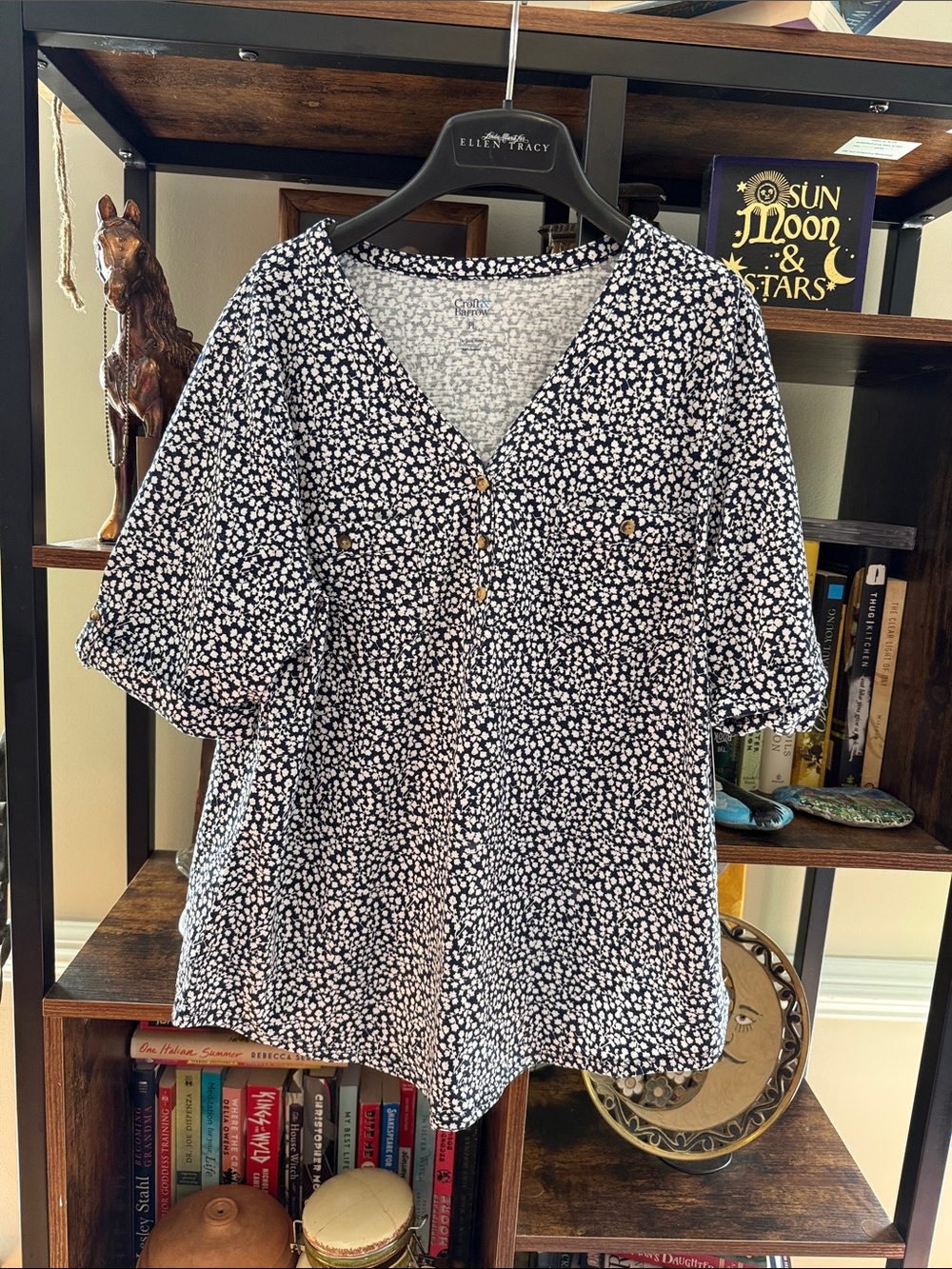 croft & barrow Navy and White Floral V-Neck Button-Accent Blouse